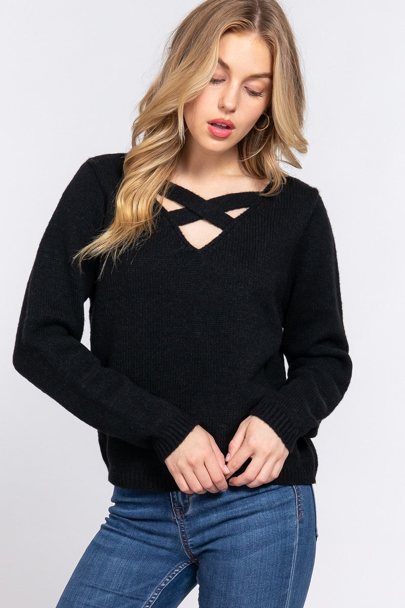 Sweater Manga Larga con Cuello Cruzado en V