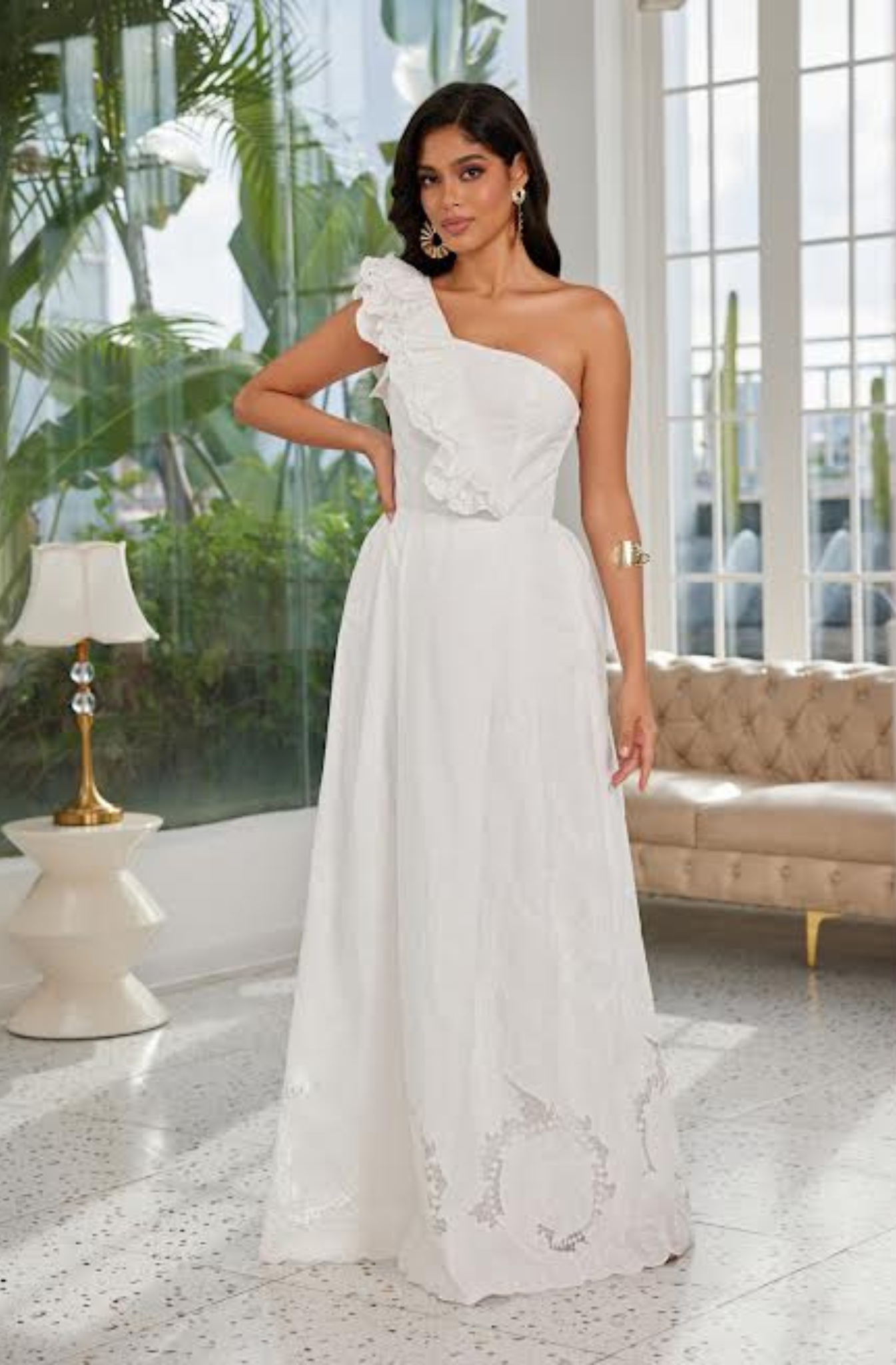 Maxi Vestido One Shoulder Blanco Bordado