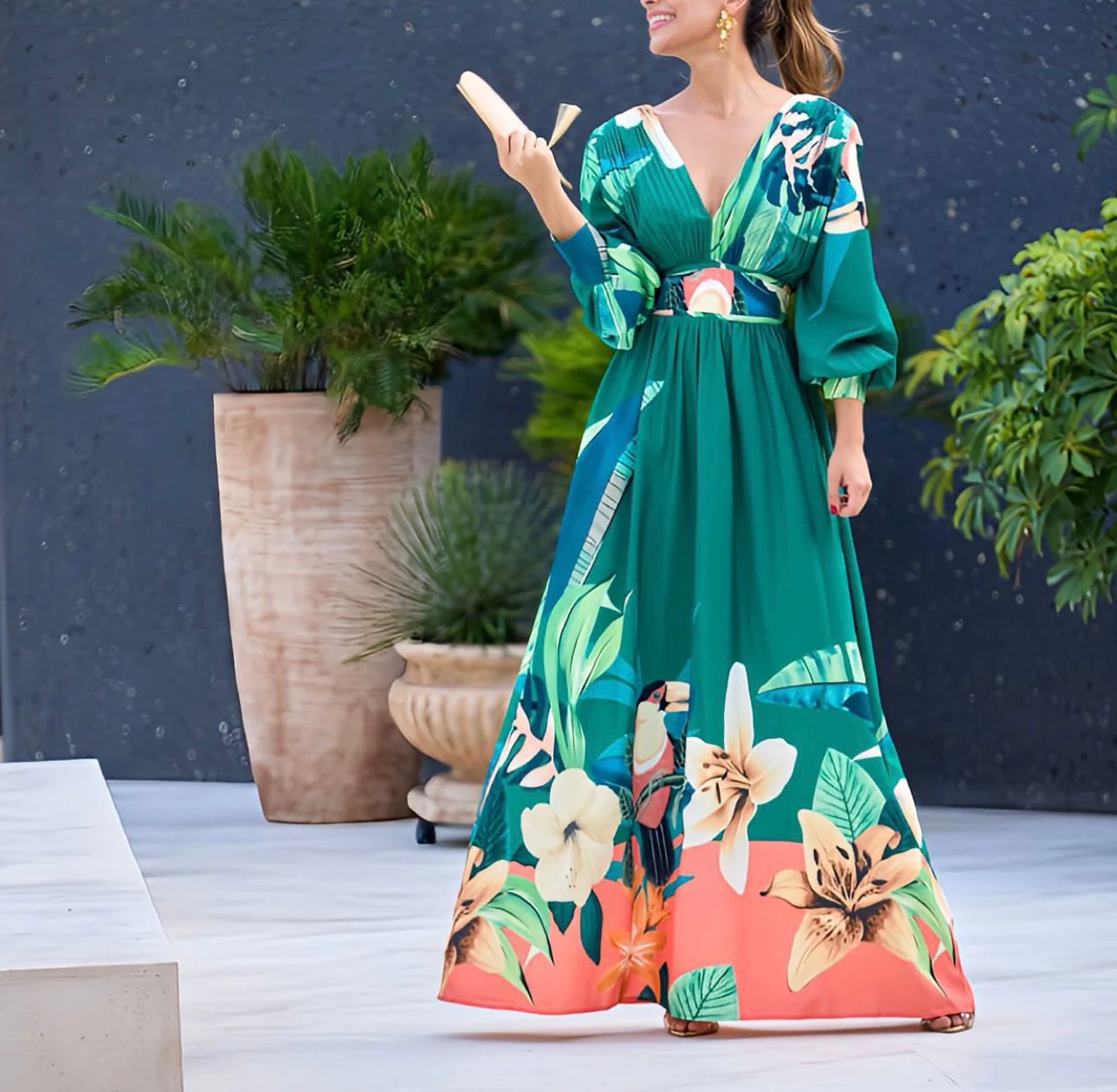 Maxi Vestido Estampado Tropical