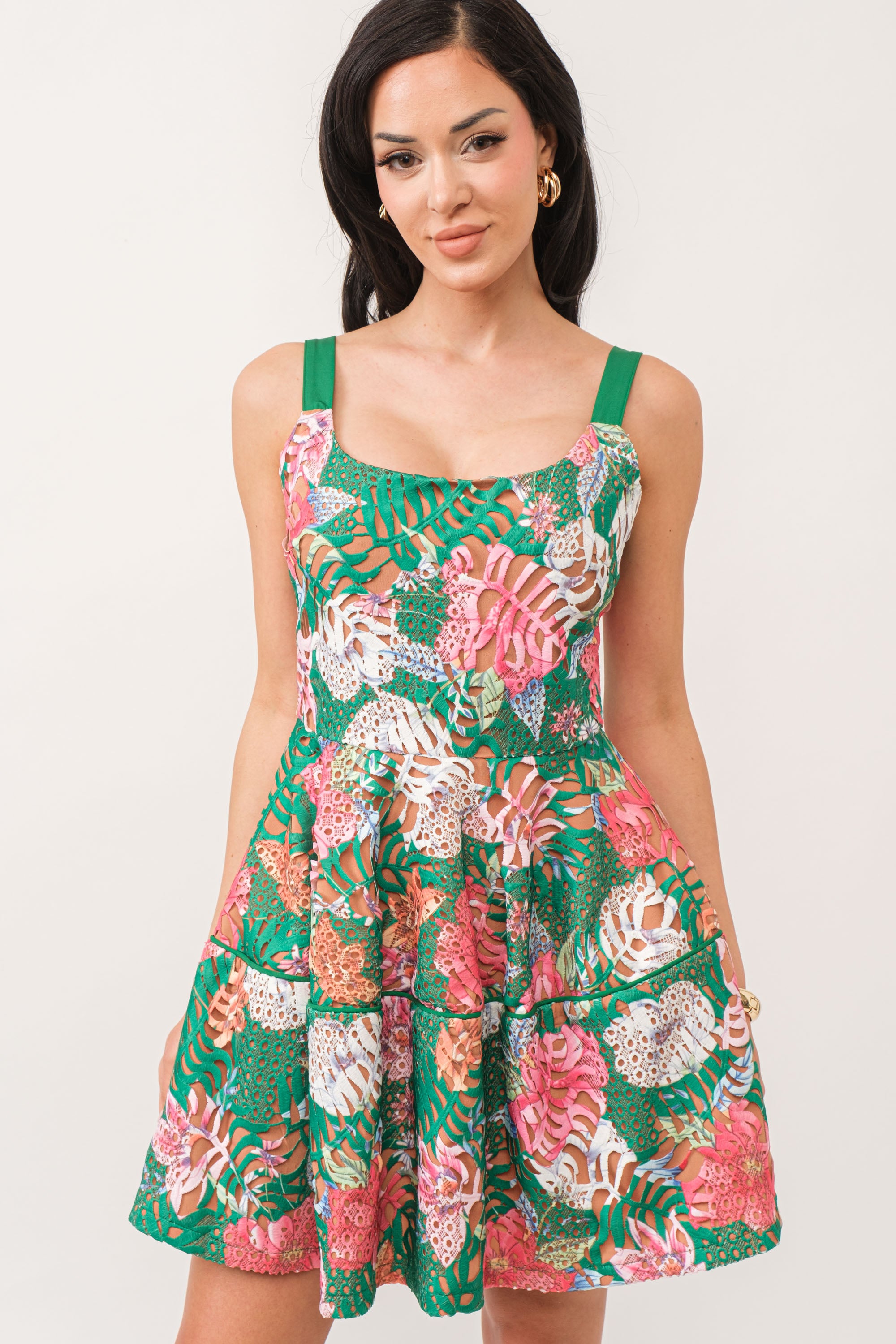 TROPICAL FLORAL OVERLAY DRESS